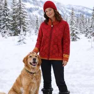 Icelandic Design Sweater Chloe Red Merino Wool Front Zipper Sz Large Vintage